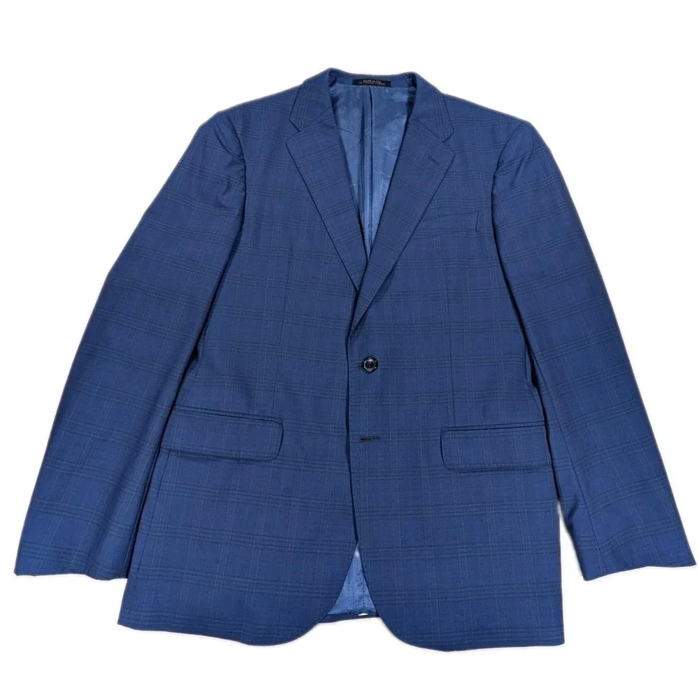 JoS A Bank Reserve Suit Mens 44R Blue Windowpane Glen Plaid Wool Italian Fabric